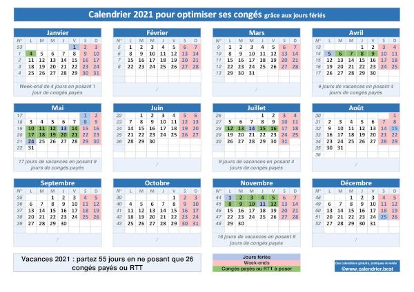 Calendrier pour bien placer et optimiser ses congés 2021