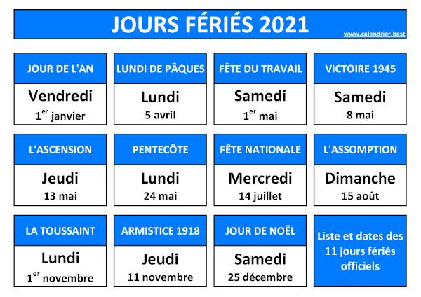 Jours fériés 2021 : calendrier