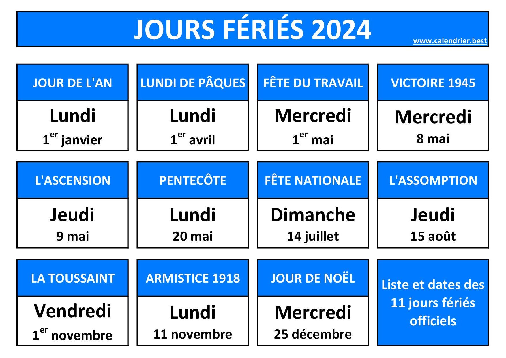 Jours fériés 2024 en France dates et calendriers