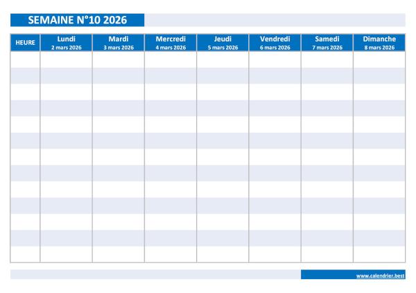 Semaine 10 2026 du 02/03/2026 au 08/03/2026, calendrier hebdomadaire à imprimer.