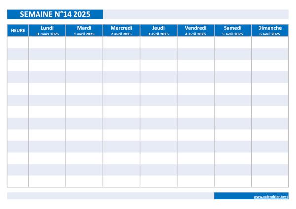 Semaine 14 2025 du 31/03/2025 au 06/04/2025, calendrier hebdomadaire à imprimer.