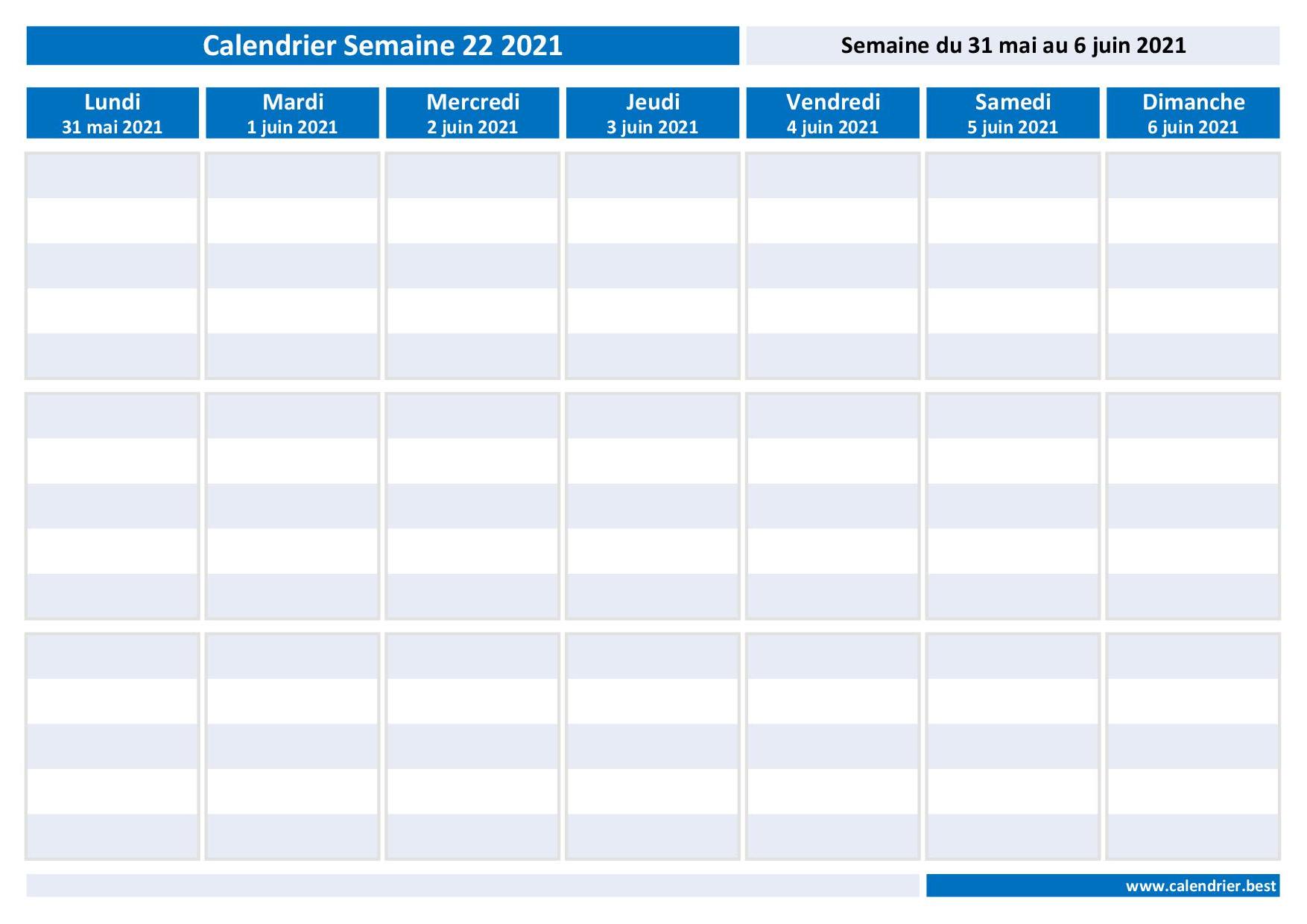 Semaine 22 2021 : dates, calendrier et planning hebdomadaire à imprimer