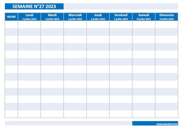 Semaine 27 2023 du 03/07/2023 au 09/07/2023, calendrier hebdomadaire à imprimer.