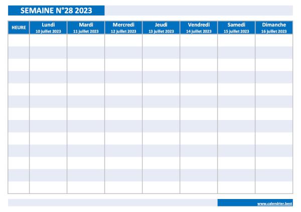 Semaine 28 2023 du 10/07/2023 au 16/07/2023, calendrier hebdomadaire à imprimer.