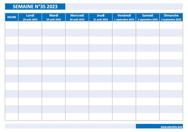 Semaine 35 2023 du 28/08/2023 au 03/09/2023, calendrier hebdomadaire à imprimer.