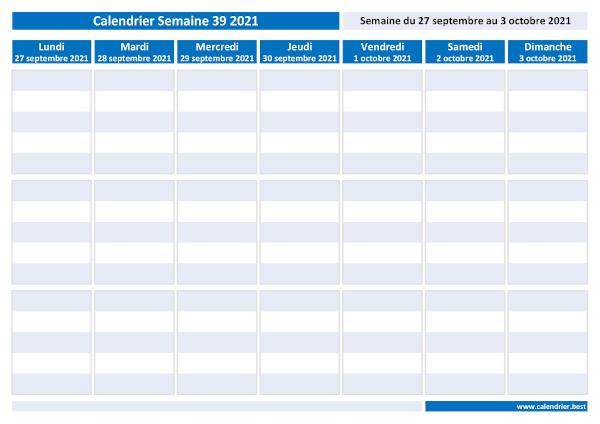 Semaine 39 2021 : dates, calendrier et planning hebdomadaire à imprimer