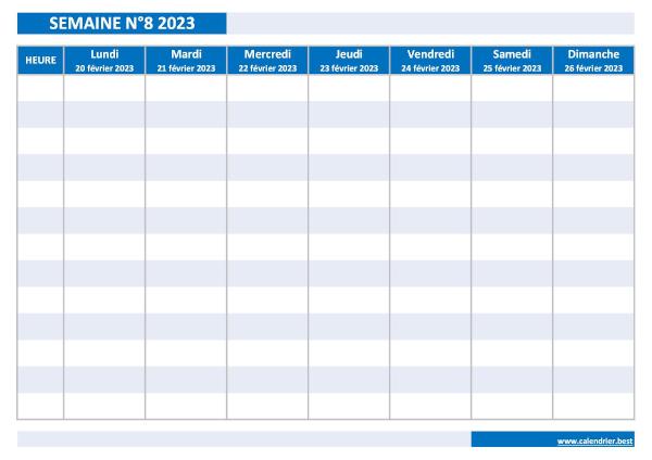 Semaine 8 2023 du 20/02/2023 au 26/02/2023, calendrier hebdomadaire à imprimer.