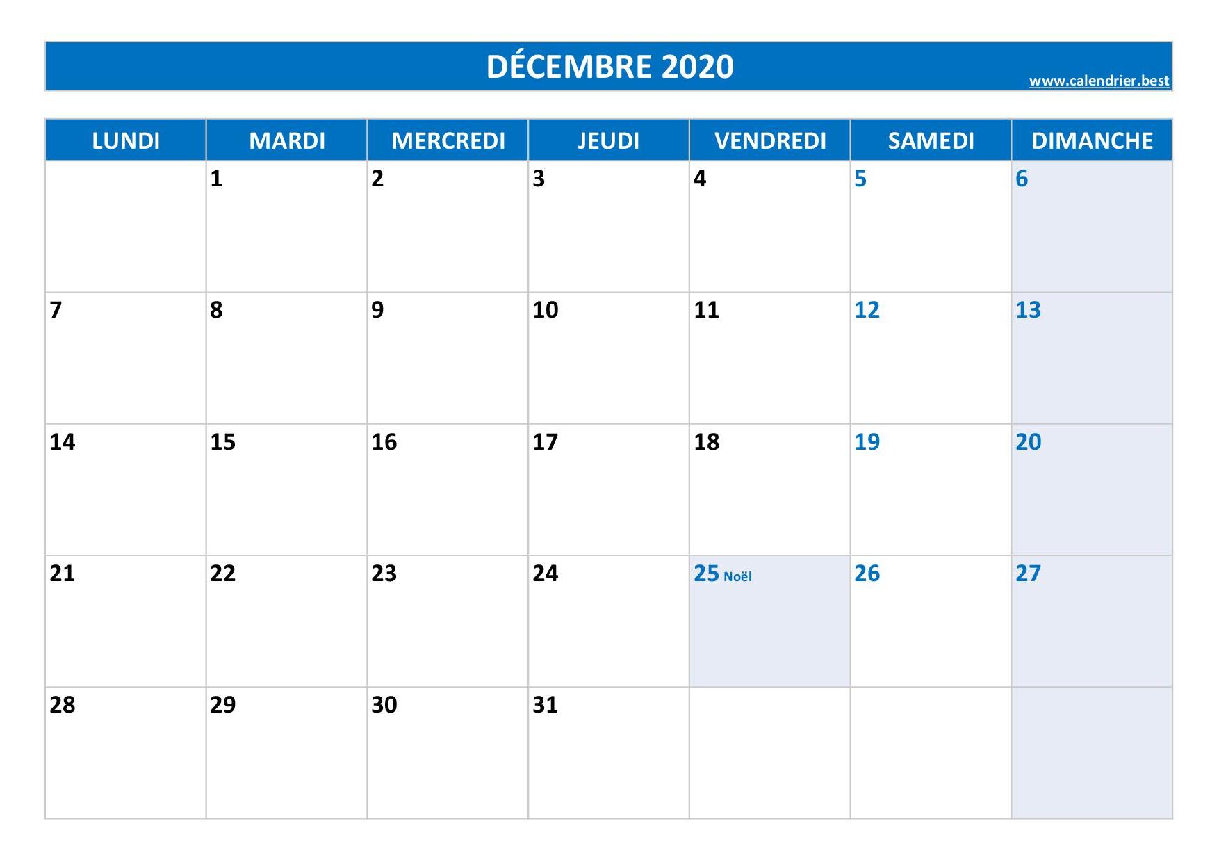 Calendrier Décembre 2020 à consulter ou imprimer -Calendrier.best