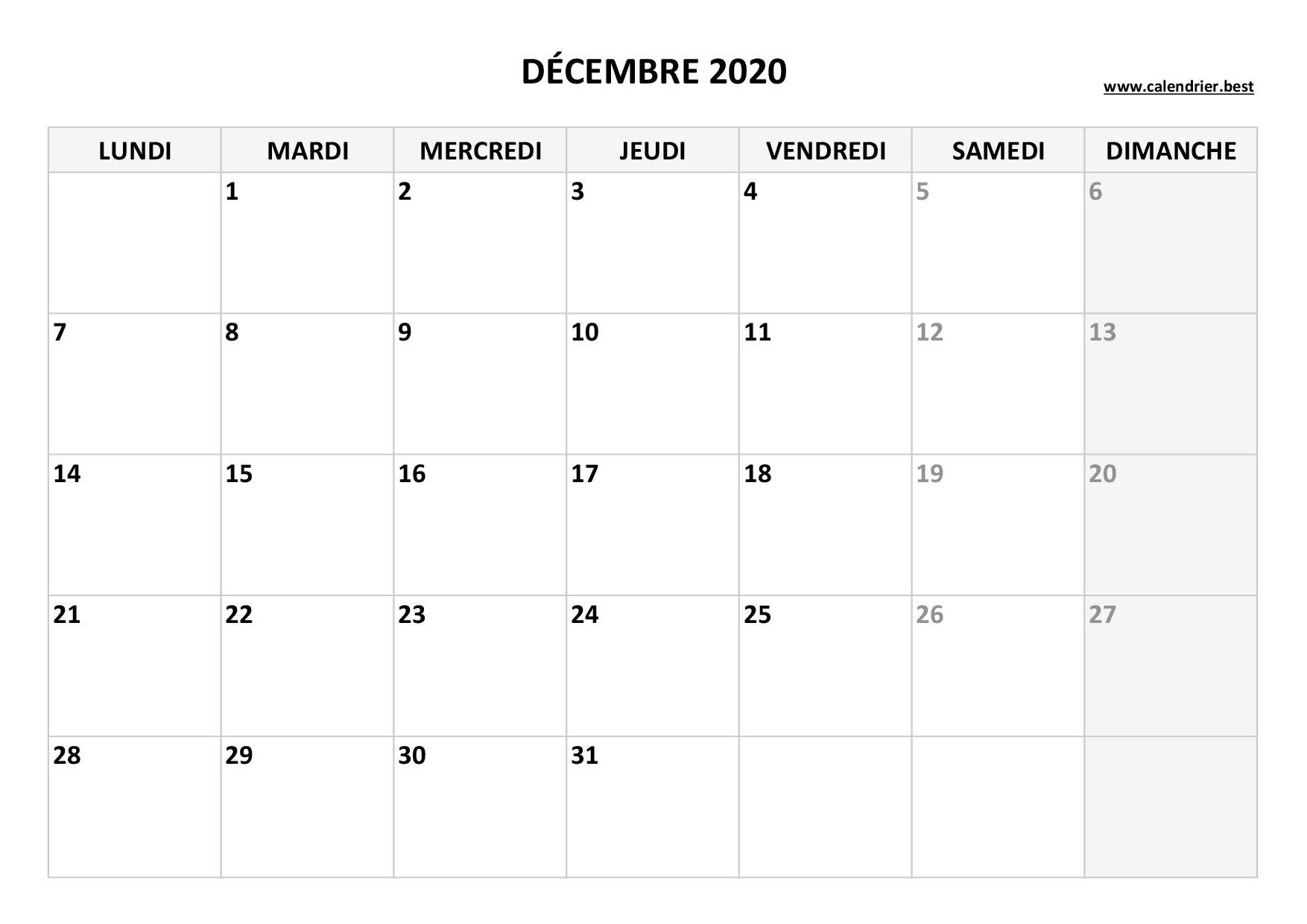 Calendrier Décembre 2020 à consulter ou imprimer -Calendrier.best