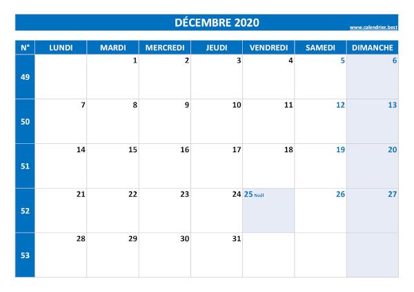 Calendrier décembre 2020.