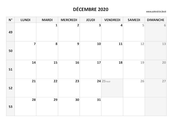 Calendrier décembre 2020 avec semaines.