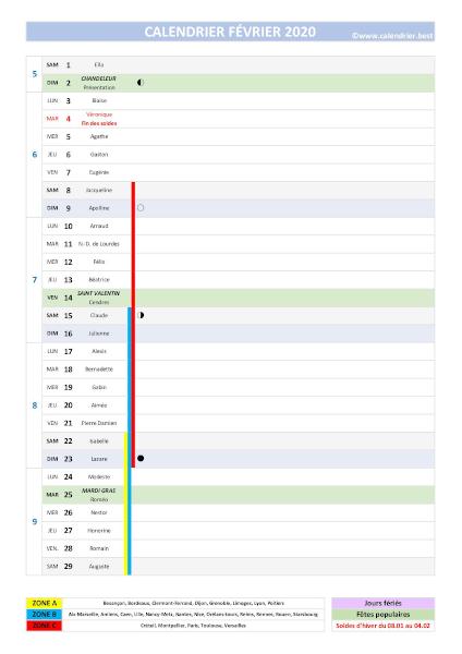 Calendrier février 2020 à consulter ou imprimer