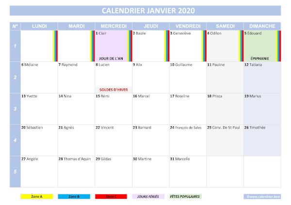 Calendrier janvier 2020 à imprimer -Calendrier.best