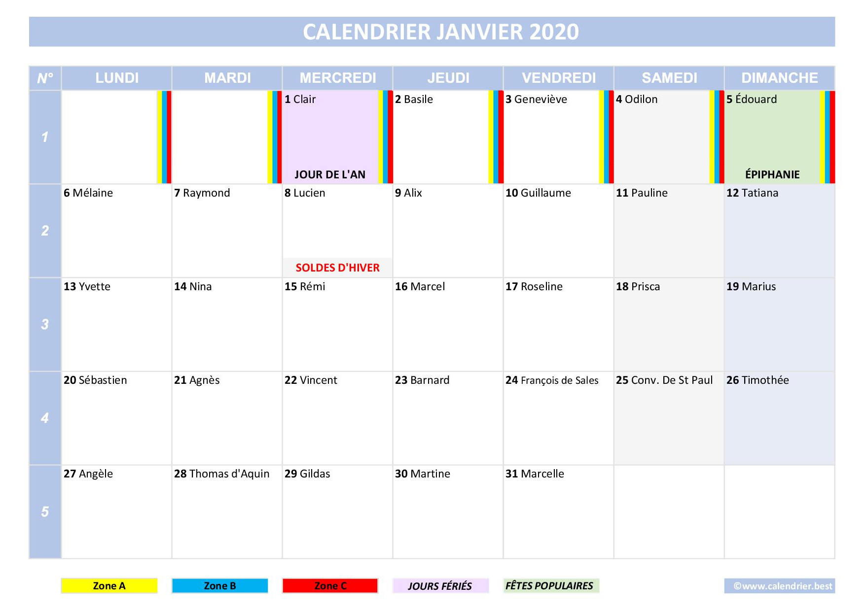 Calendrier janvier 2020 à imprimer -Calendrier.best