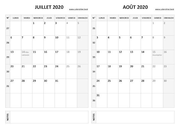Calendrier Juillet et Août 2020 à imprimer -Calendrier.best