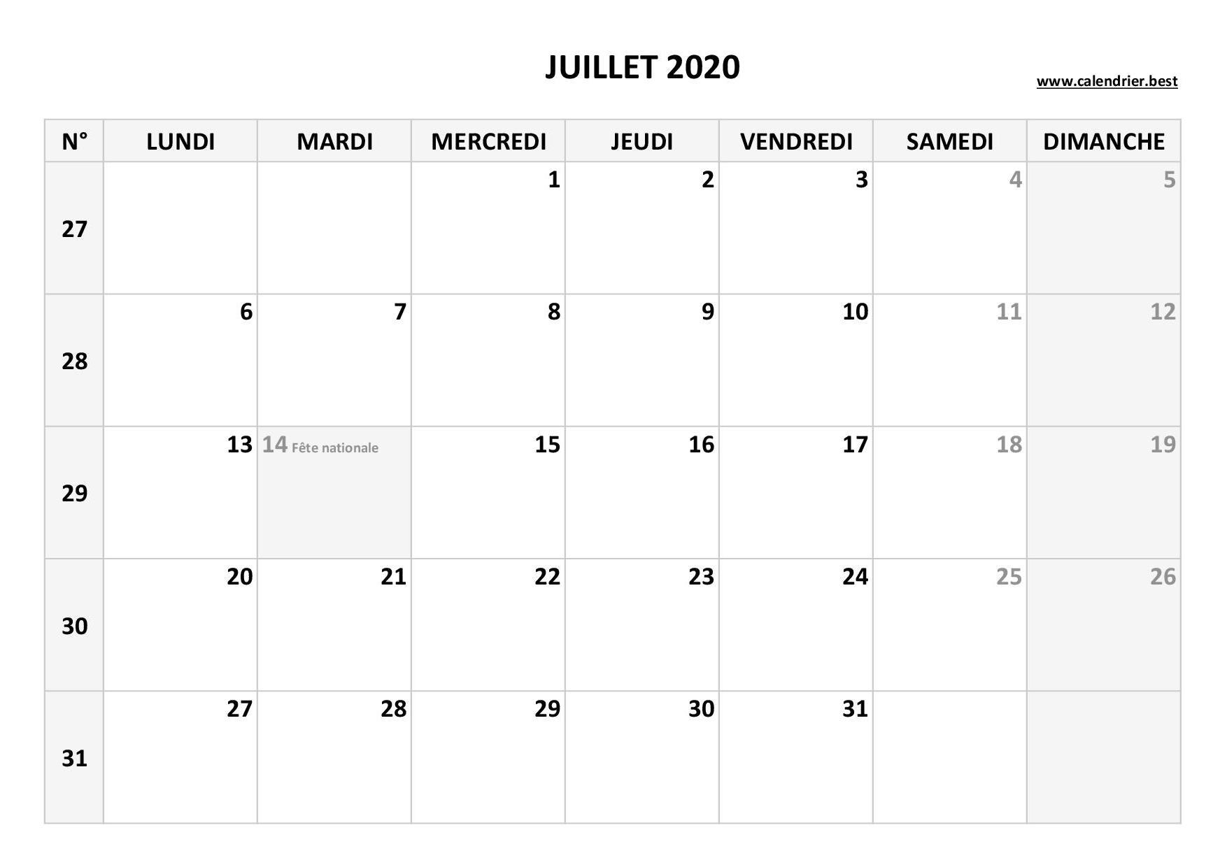 Calendrier Juillet 2020 à consulter ou imprimer -Calendrier.best