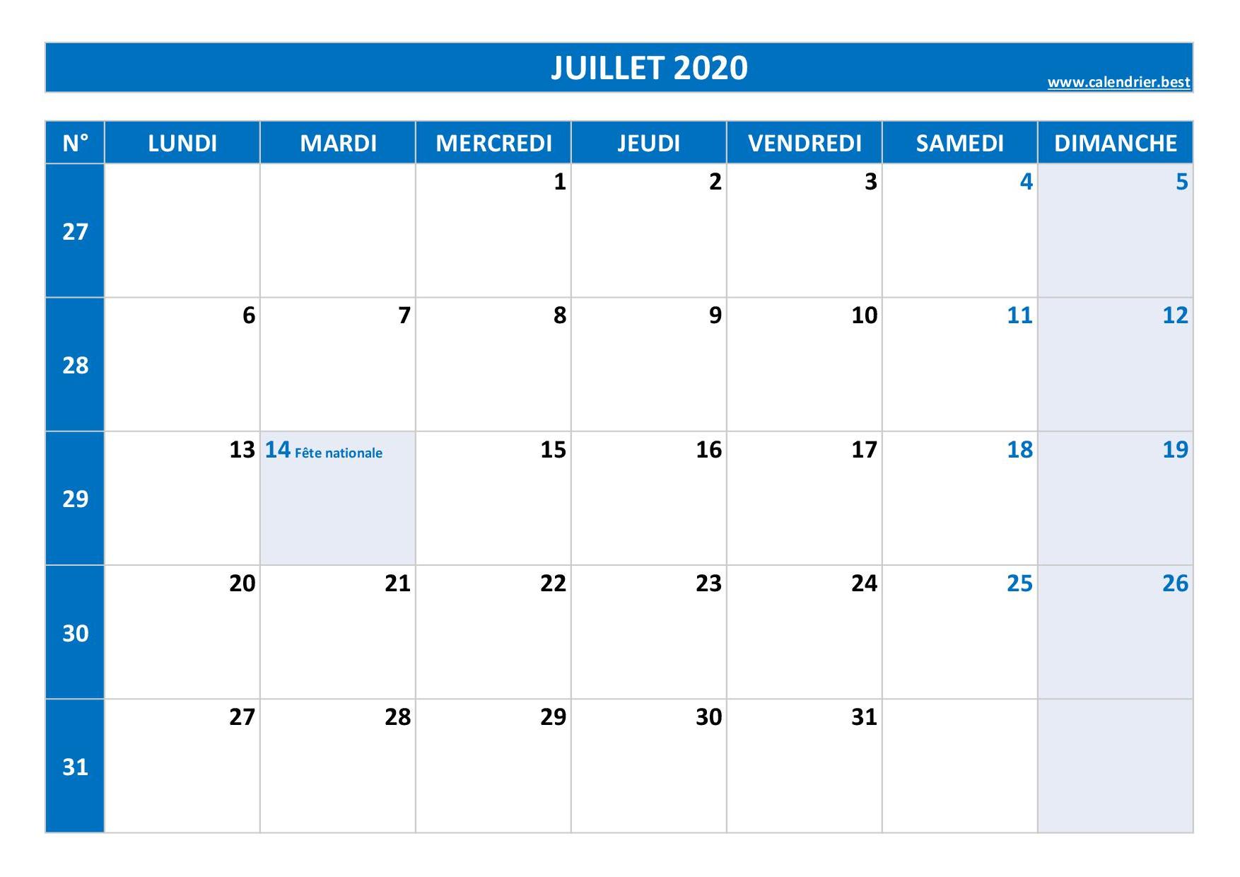 Calendrier Juillet 2020 à consulter ou imprimer -Calendrier.best