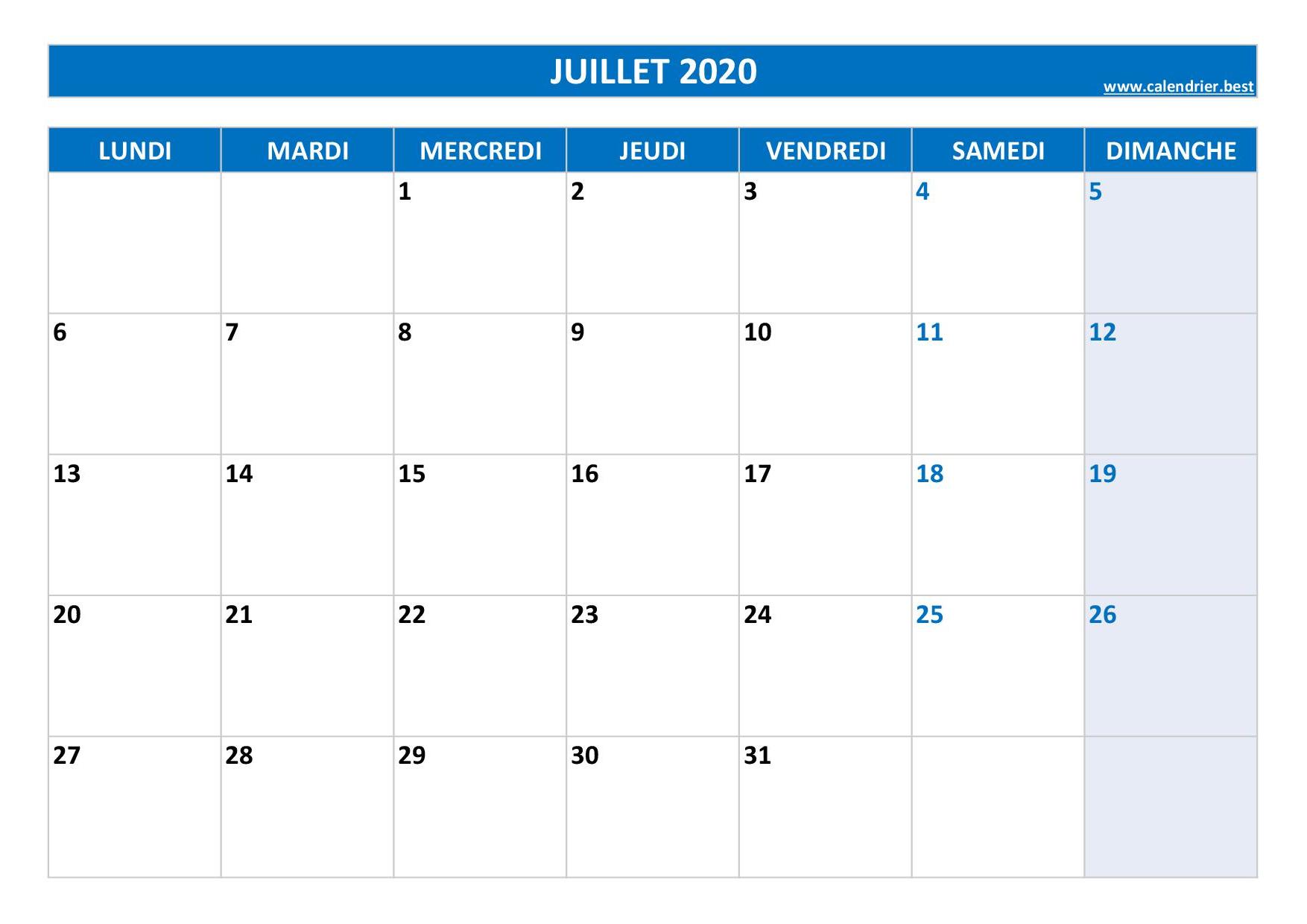 Calendrier Juillet 2020 à consulter ou imprimer -Calendrier.best