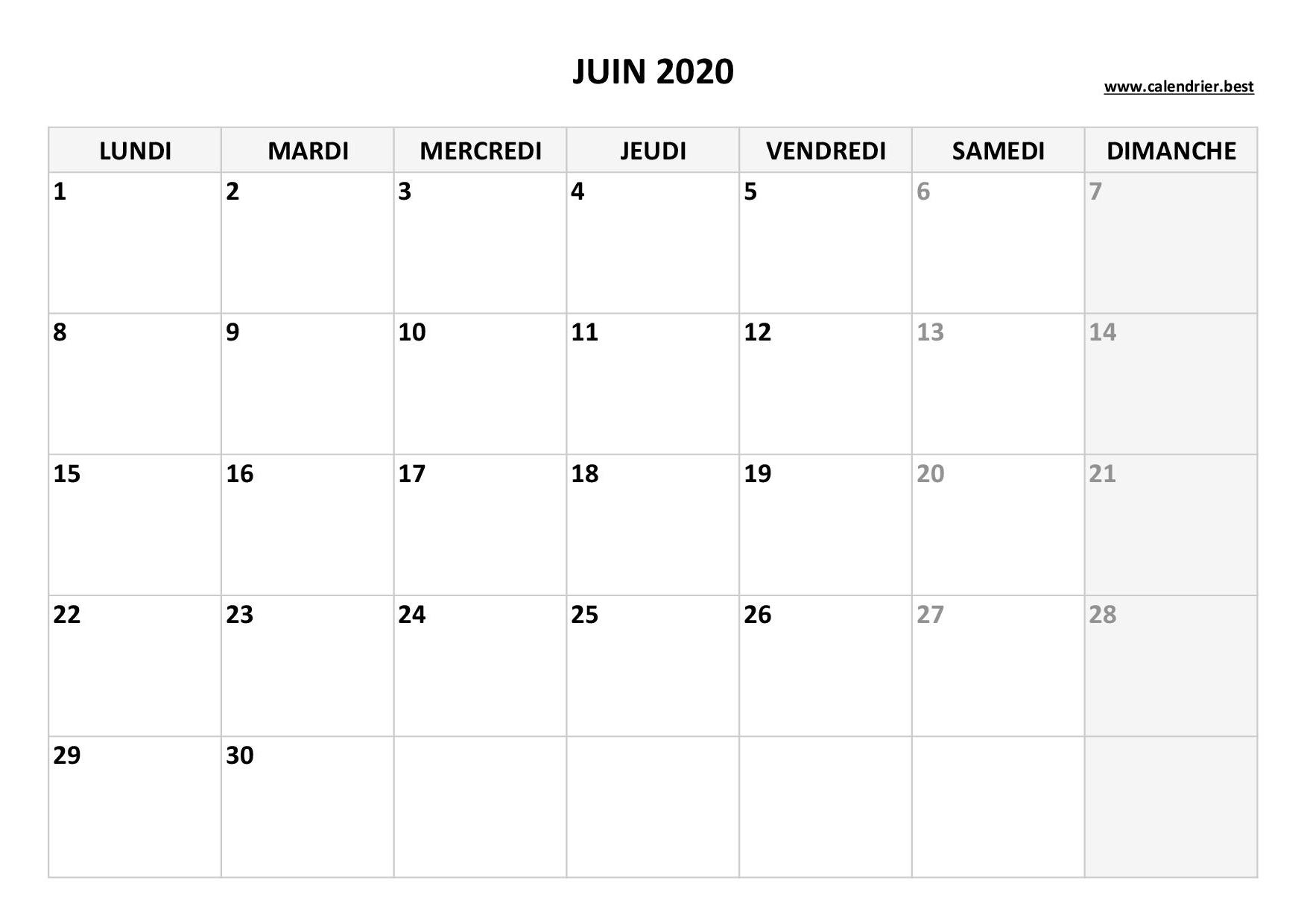 Calendrier Juin 2020 à consulter ou imprimer -Calendrier.best