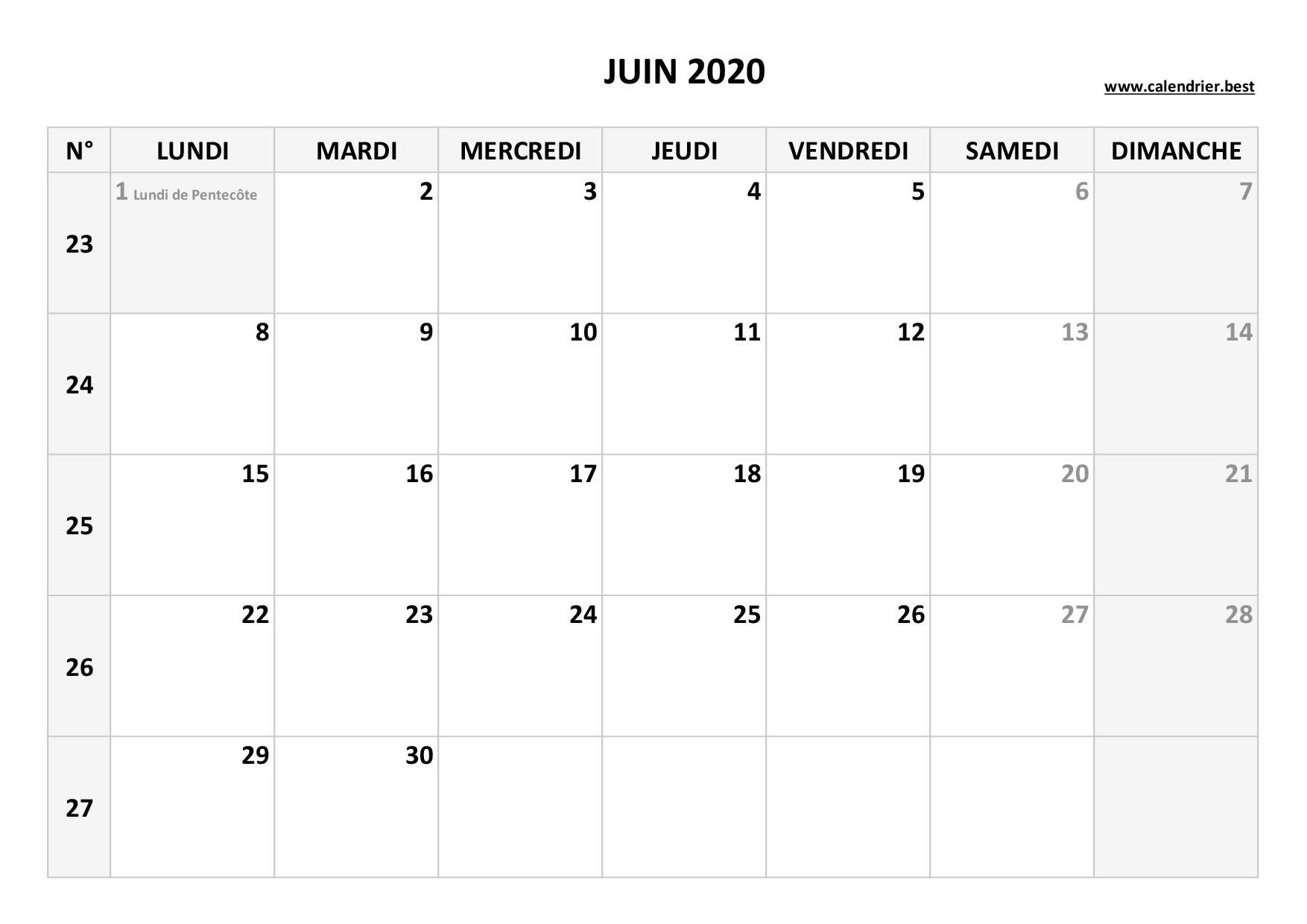 Calendrier Juin 2020 à consulter ou imprimer -Calendrier.best