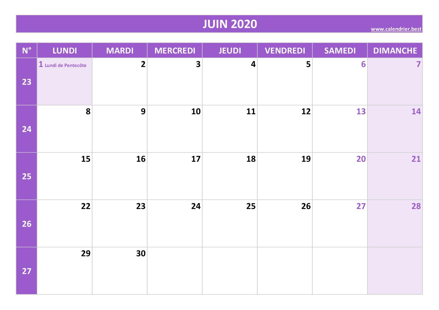 Calendrier Juin 2020 à consulter ou imprimer -Calendrier.best