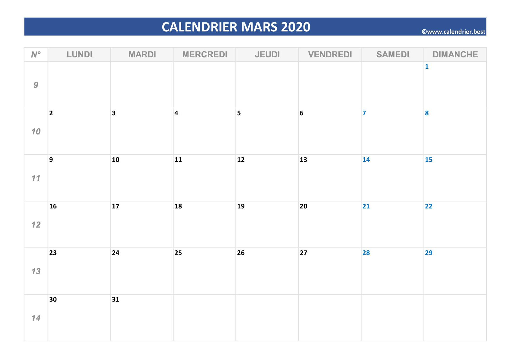 Calendrier mars 2020 à consulter ou imprimer -Calendrier.best