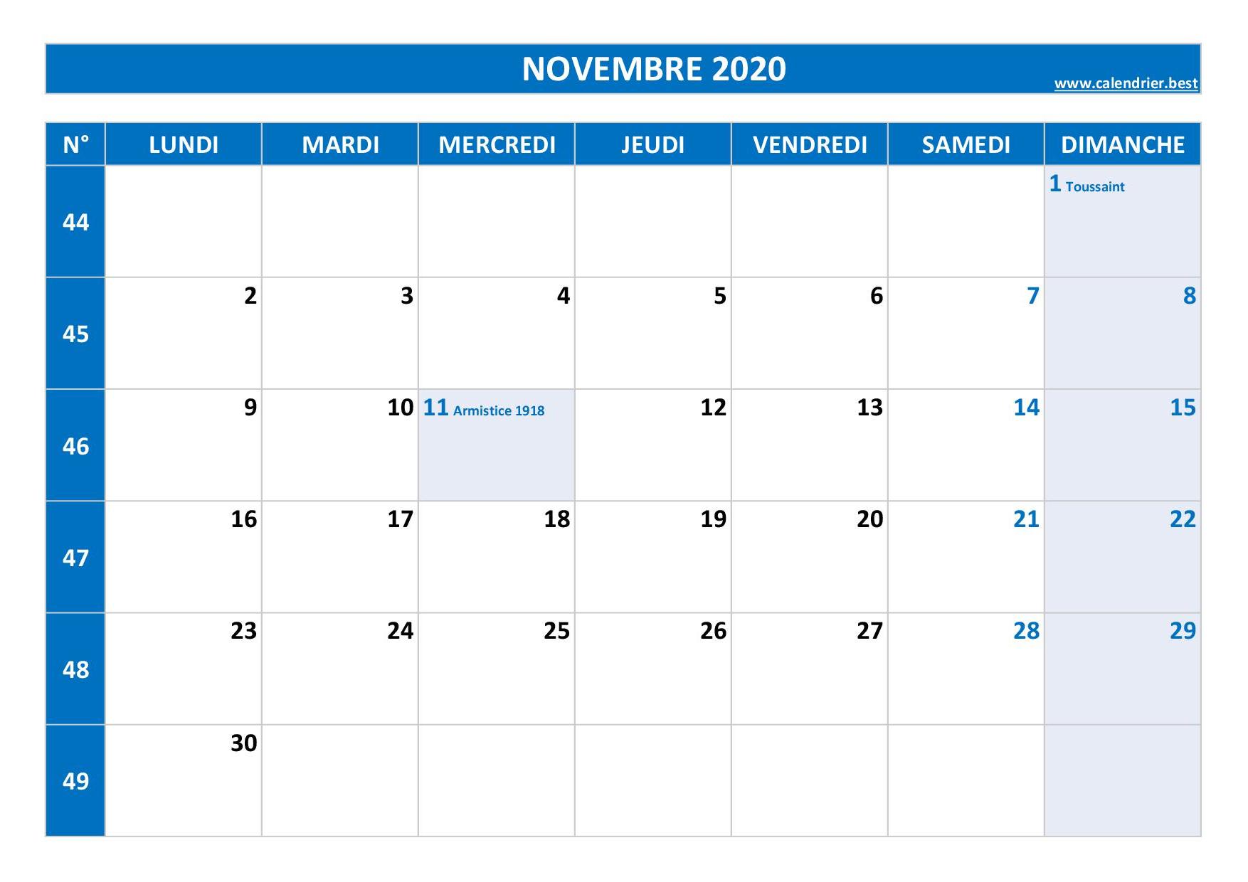 Calendrier Novembre 2020 à consulter ou imprimer -Calendrier.best