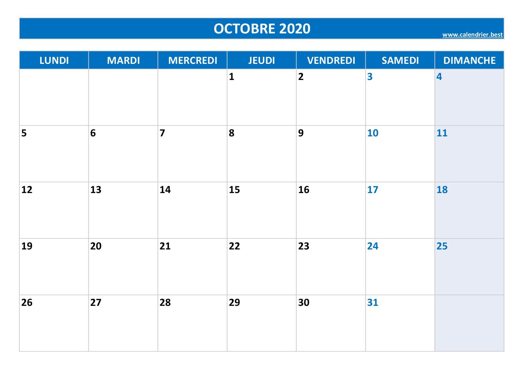 Calendrier Octobre 2020 à consulter ou imprimer -Calendrier.best