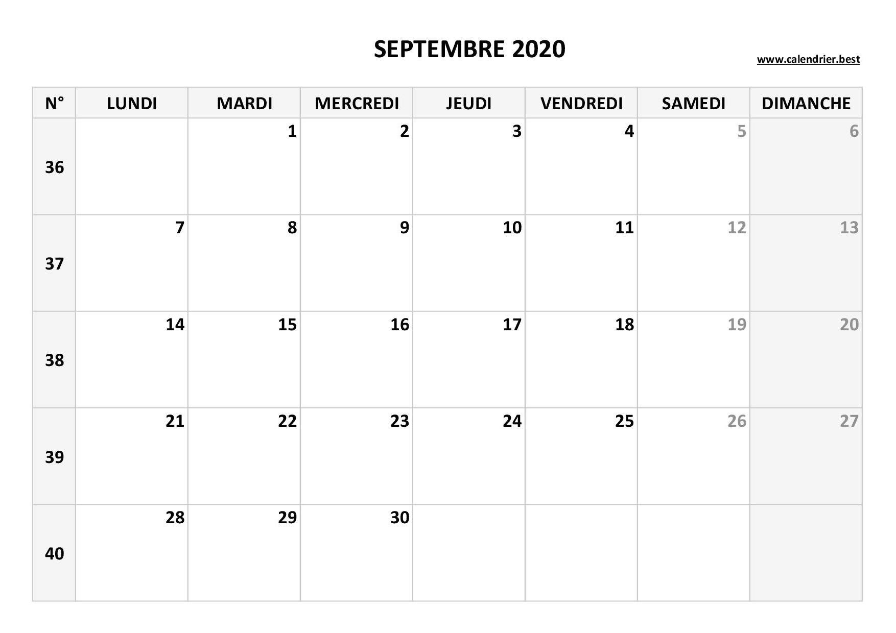 Calendrier Septembre 2020 à consulter ou imprimer -Calendrier.best