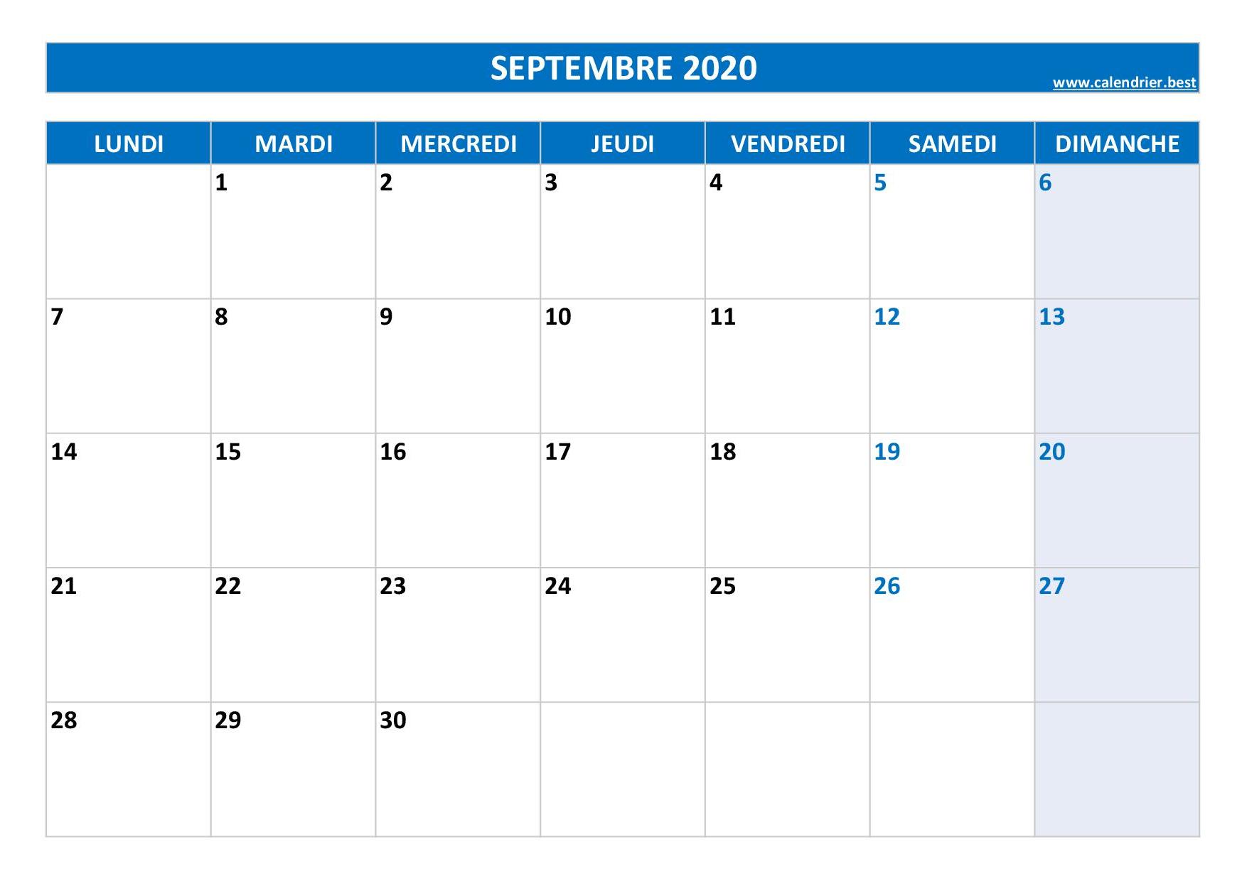 Calendrier Septembre 2020 à consulter ou imprimer -Calendrier.best