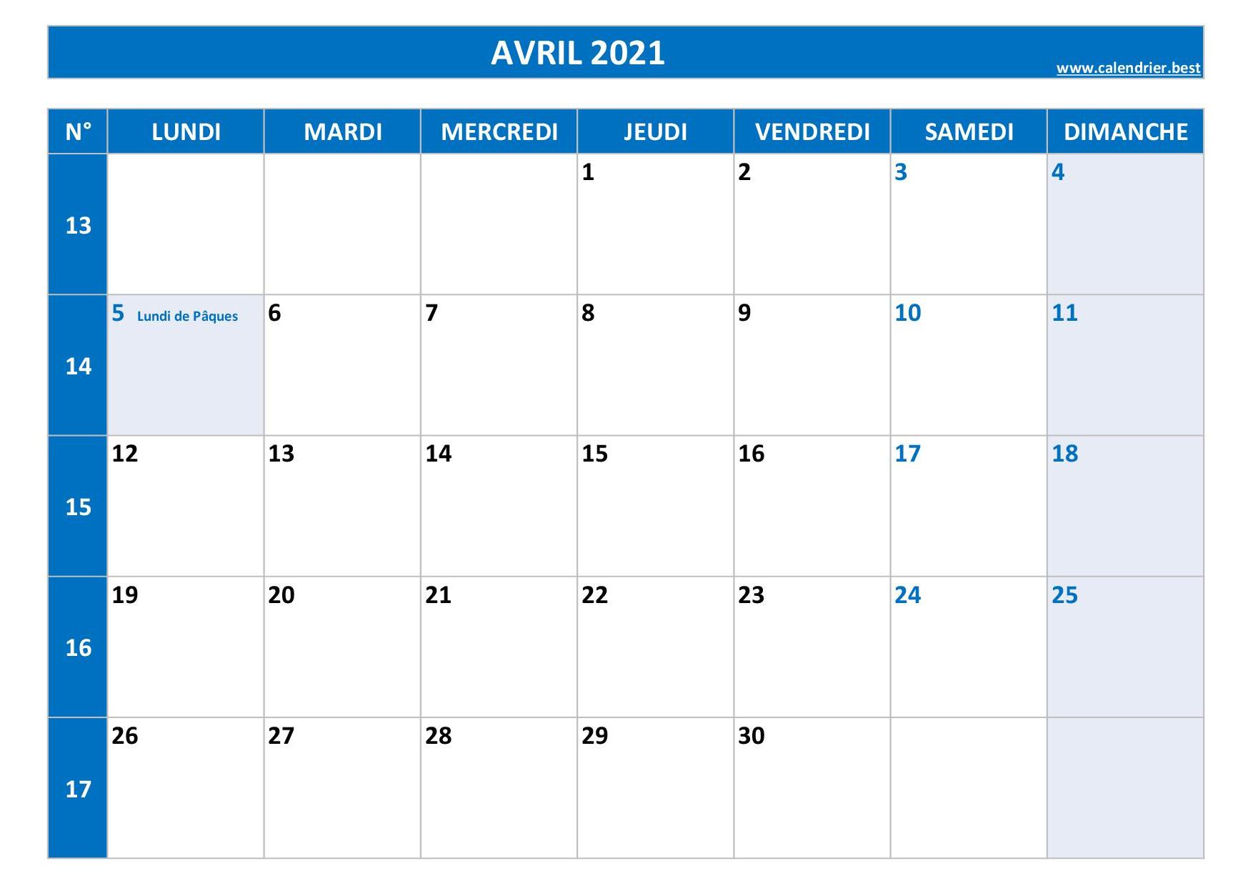 Calendrier 2021 mensuel à imprimer