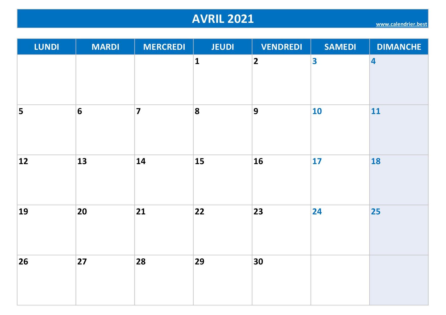 Calendrier Avril 2021 à consulter ou imprimer -Calendrier.best