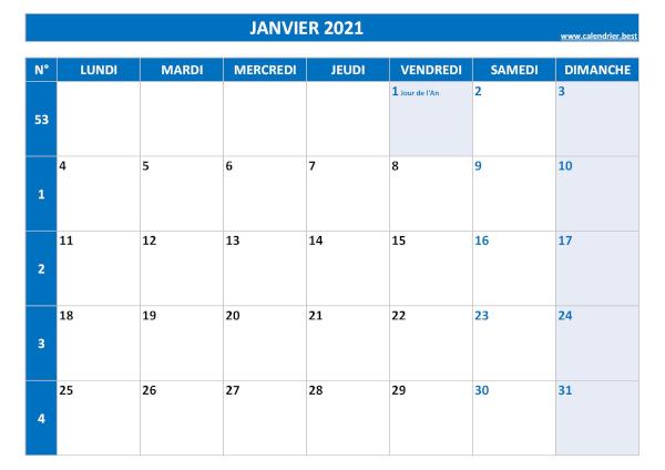 Calendrier janvier 2021 à imprimer.