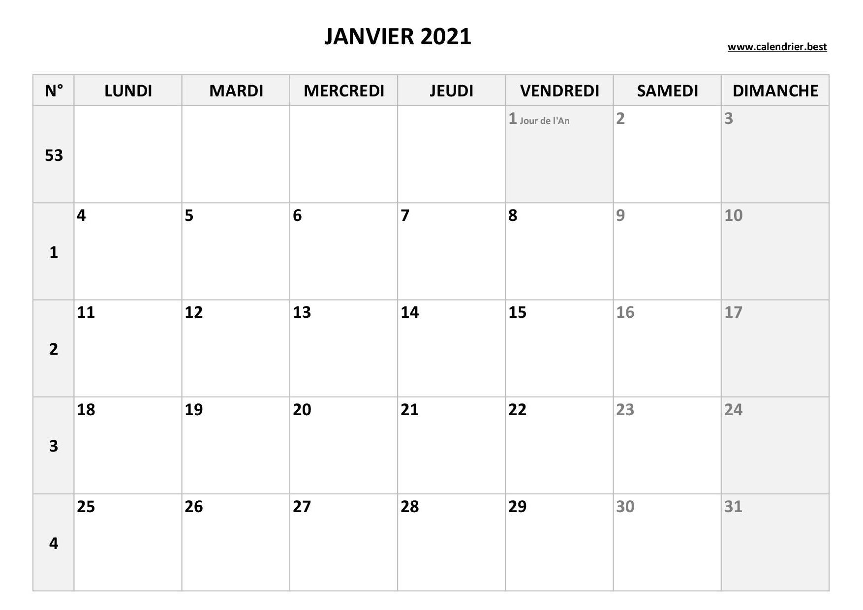 Calendrier Janvier 2021 à consulter ou imprimer -Calendrier.best