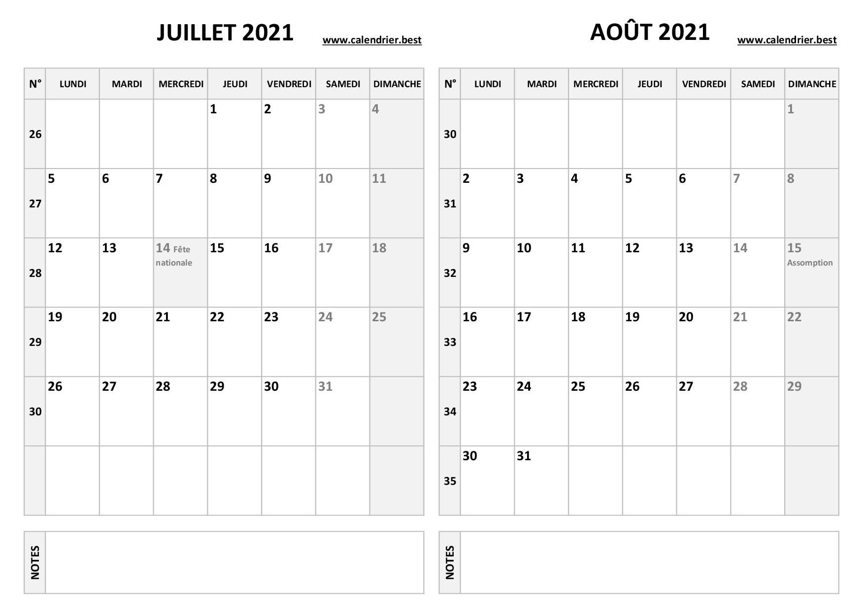 Calendrier juillet et août 2021 à imprimer -Calendrier.best