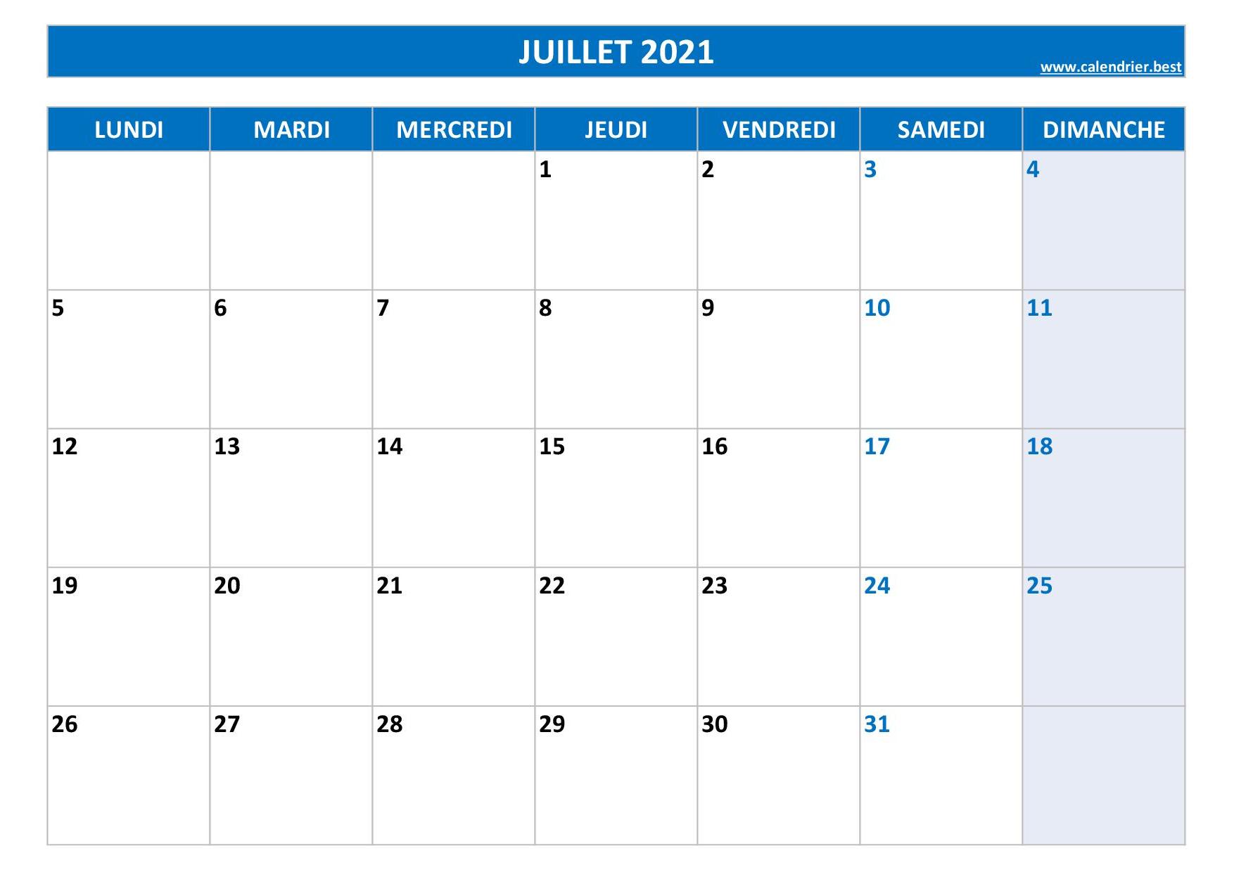 Calendrier Juillet 2021 à consulter ou imprimer -Calendrier.best