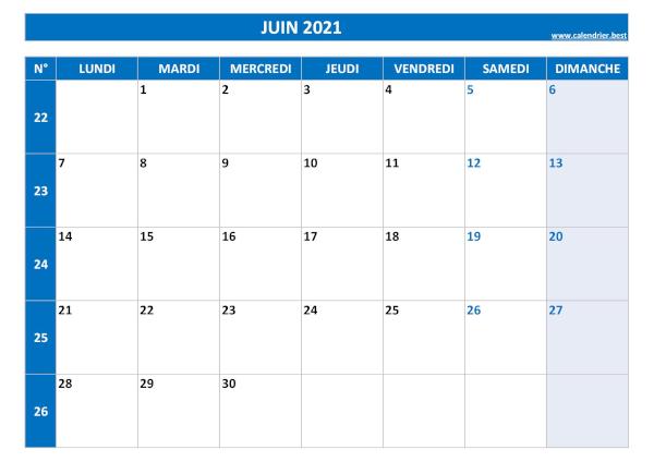 Calendrier Juin 2021 à consulter ou imprimer -Calendrier.best