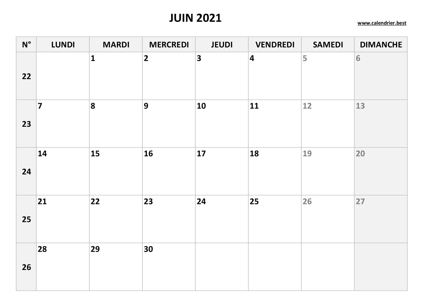 Calendrier Juin 2021 à consulter ou imprimer -Calendrier.best