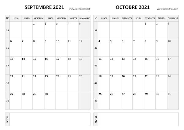Calendrier septembre et octobre 2021 à imprimer -Calendrier.best