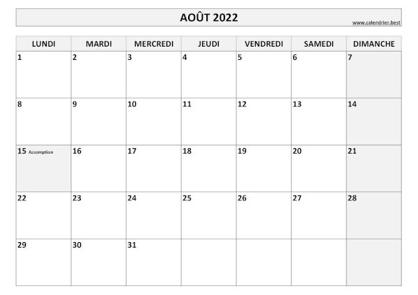 Calendrier Août 2022 à imprimer avec jours fériés.