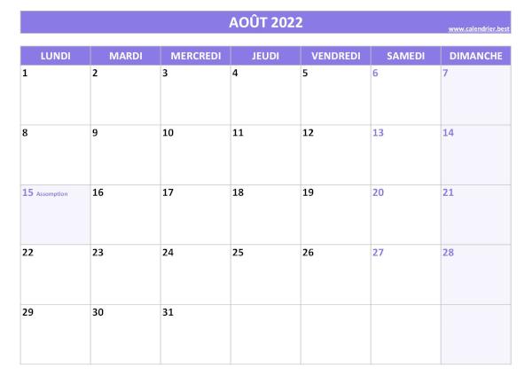 Calendrier Août 2022 à imprimer avec jours fériés.