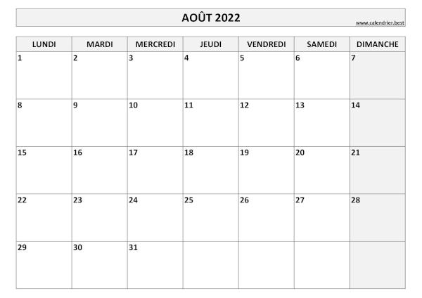 Calendrier Août 2022 à imprimer.