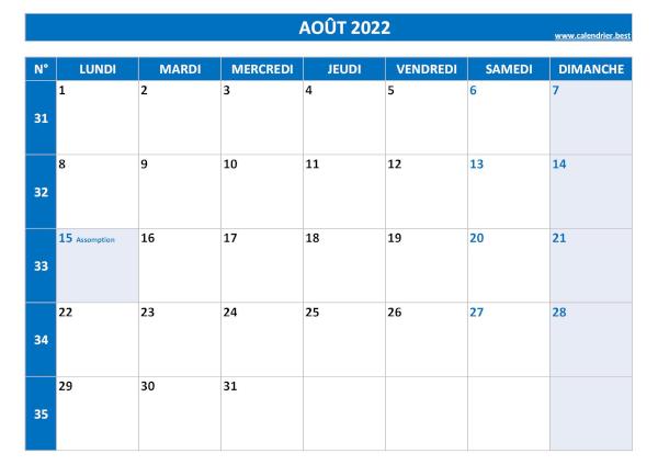 Calendrier août 2022 avec semaines.