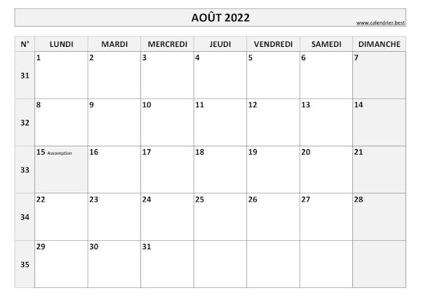 Calendrier Août 2022 avec semaines.