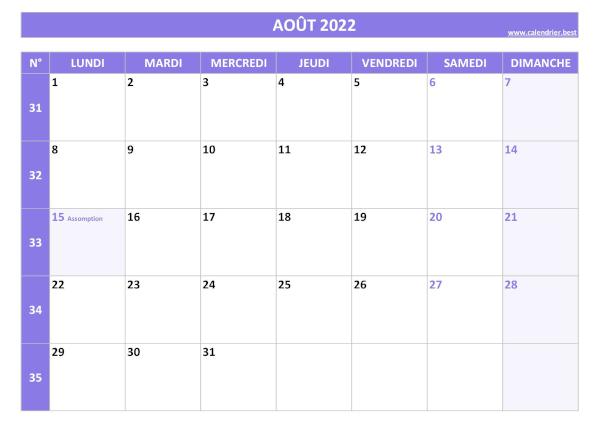 Calendrier Août 2022 avec semaines.