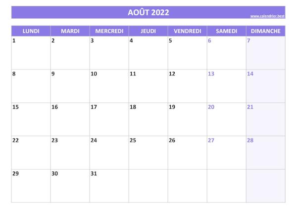 Calendrier du mois d'Août 2022 à imprimer.