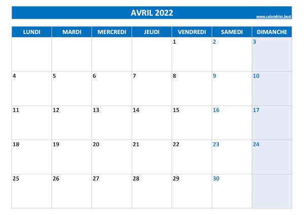 Calendrier avril 2022 vierge à imprimer.