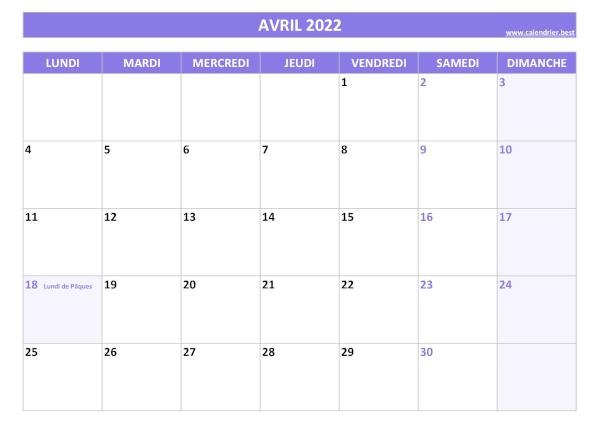 Calendrier Avril 2022 à imprimer avec jours fériés.