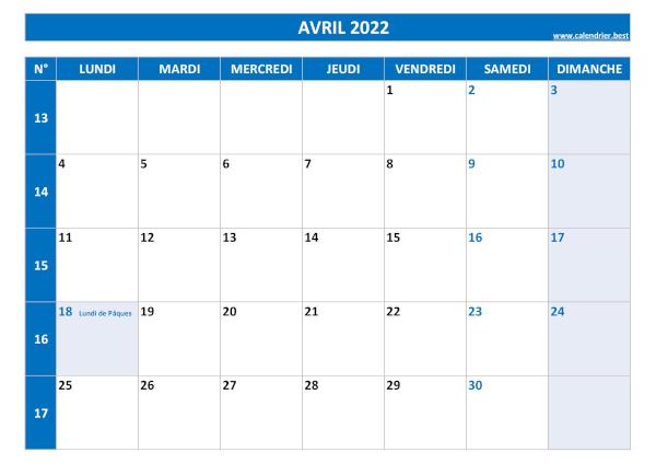 Calendrier Avril 2022 à imprimer.