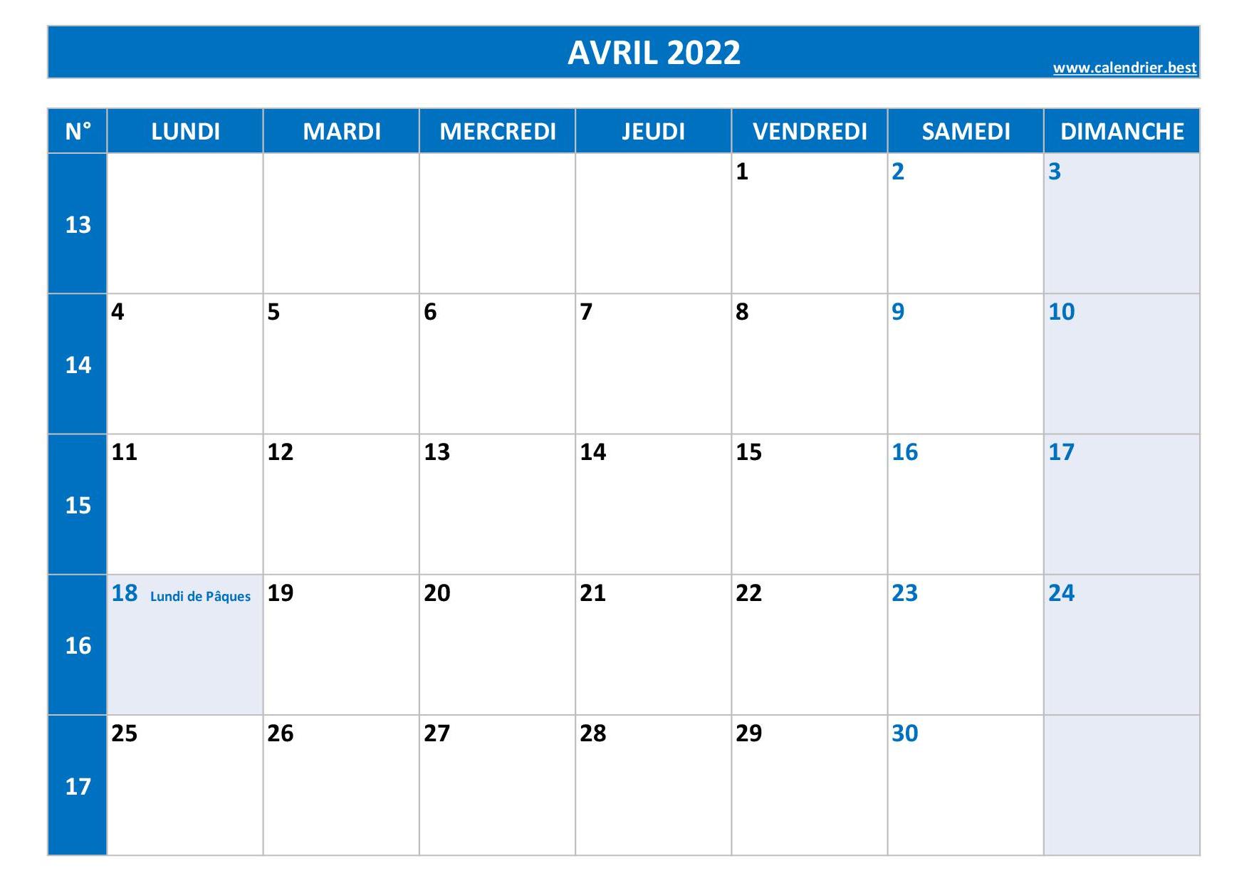 Calendrier 2022 mensuel à imprimer